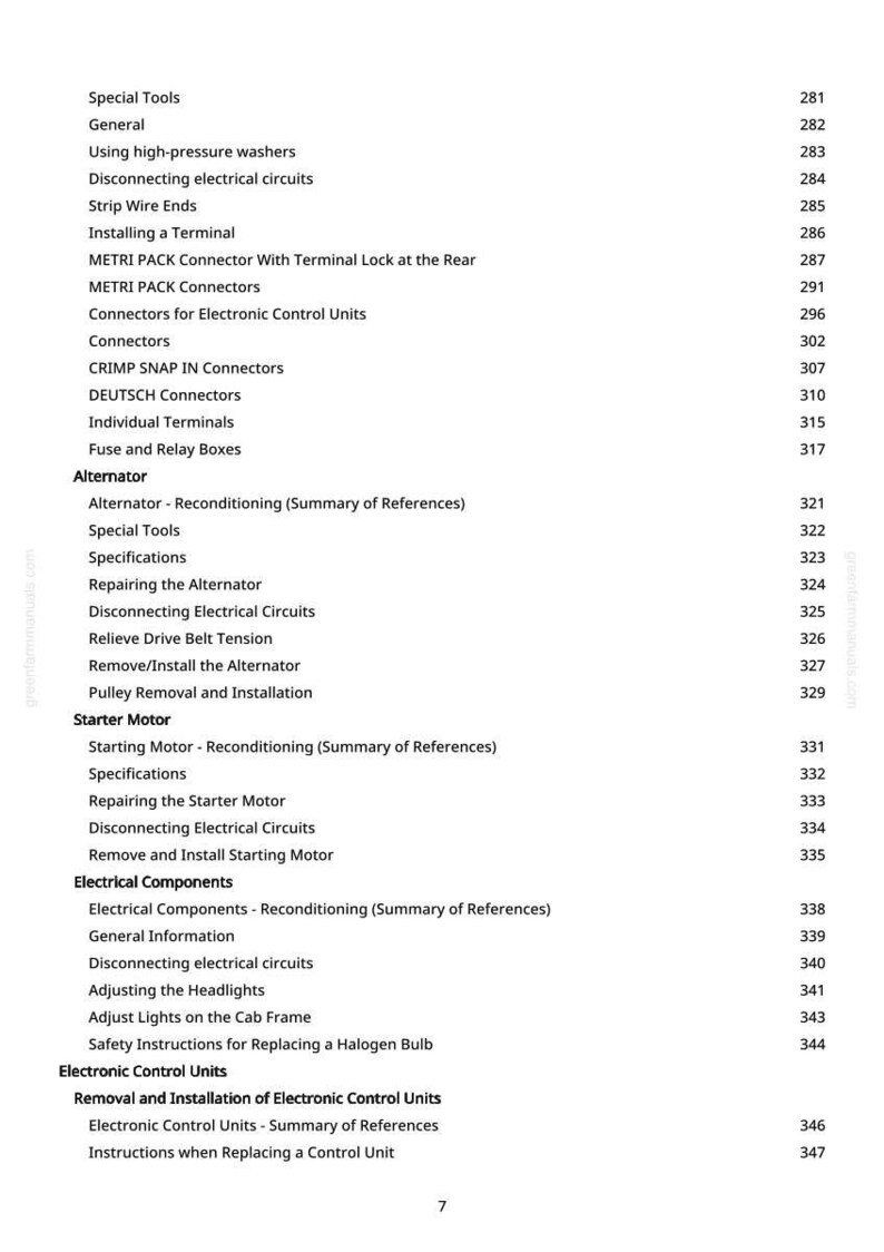 May include: A page from a manual with a table of contents. The text includes topics like "Special Tools", "Alternator", "Starter Motor", and "Electrical Components", with corresponding page numbers.