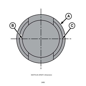 May include: A technical drawing of a circular object with three concentric rings and radial lines. The diagram includes labels A, B, and C, and the text "N93775-UN: DFNXT1--Dimensions" and the number "2495".