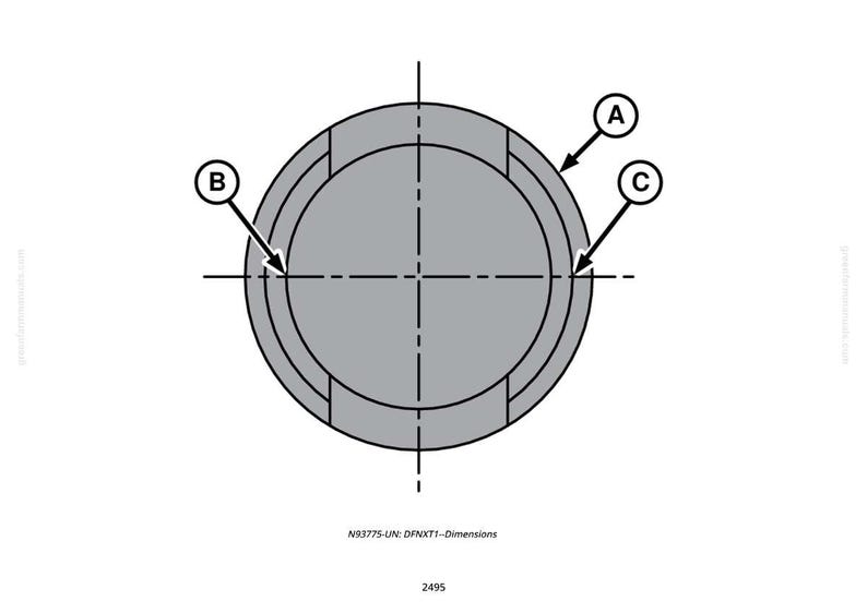May include: A technical drawing of a circular object with three concentric rings and radial lines. The diagram includes labels A, B, and C, and the text "N93775-UN: DFNXT1--Dimensions" and the number "2495".