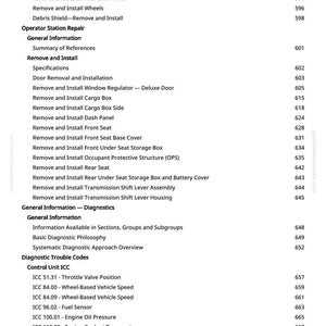 May include: A page from a manual with a list of automotive repair procedures, including "Remove and Install Front Grille" and "Remove and Install Hood." The text is black on a white background, with a section on diagnostic trouble codes.