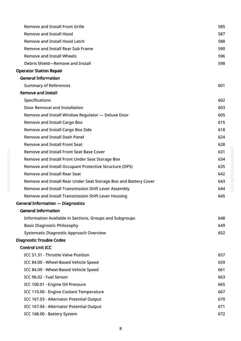 May include: A page from a manual with a list of automotive repair procedures, including "Remove and Install Front Grille" and "Remove and Install Hood." The text is black on a white background, with a section on diagnostic trouble codes.