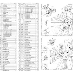 May include: A detailed technical diagram with multiple sections. The left side features a dense table of text and numbers. The right side displays several complex, interconnected diagrams with lines and shapes, all in black and white.