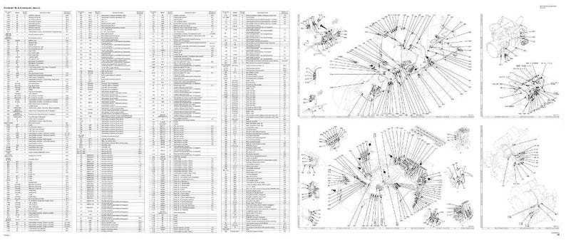 May include: A detailed technical diagram with multiple sections. The left side features a dense table of text and numbers. The right side displays several complex, interconnected diagrams with lines and shapes, all in black and white.
