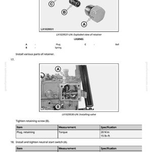 Op de afbeelding: Exploded view diagram van een retainer assembly, inclusief een plug, veer en bal. De afbeelding toont ook de installatie van de klep en het aandraaien van de borgschroef. De koppel specificaties worden weergegeven in N&sdot;m en lb-ft.