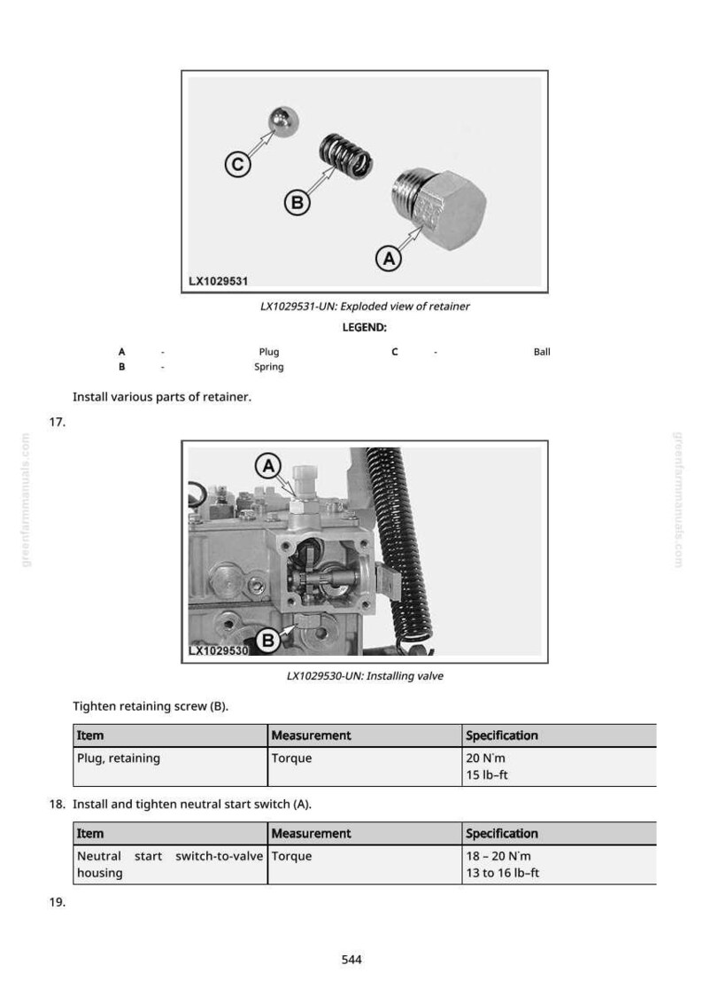 Op de afbeelding: Exploded view diagram van een retainer assembly, inclusief een plug, veer en bal. De afbeelding toont ook de installatie van de klep en het aandraaien van de borgschroef. De koppel specificaties worden weergegeven in N&sdot;m en lb-ft.