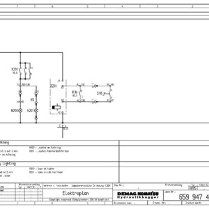 Puede incluir: Un diagrama esquem&aacute;tico el&eacute;ctrico detallado, etiquetado como "Elektroplan", con varios s&iacute;mbolos, l&iacute;neas y anotaciones de texto. El diagrama incluye anotaciones para iluminaci&oacute;n de emergencia y otros componentes el&eacute;ctricos, con un logotipo de Demag Komatsu Hydraulikbagger.