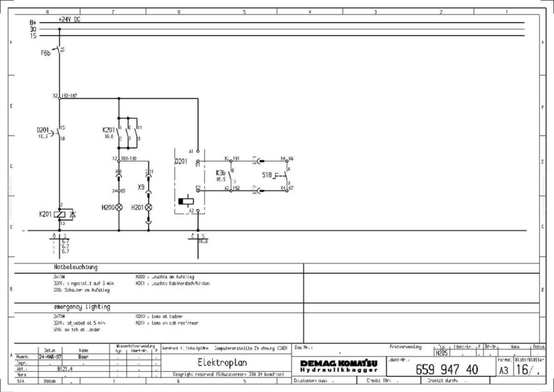 Puede incluir: Un diagrama esquem&aacute;tico el&eacute;ctrico detallado, etiquetado como "Elektroplan", con varios s&iacute;mbolos, l&iacute;neas y anotaciones de texto. El diagrama incluye anotaciones para iluminaci&oacute;n de emergencia y otros componentes el&eacute;ctricos, con un logotipo de Demag Komatsu Hydraulikbagger.