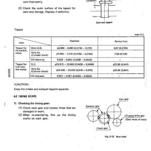May include: Diagram of a cam and tappet assembly with measurements in inches. Includes a table with specifications for tappets, including stem diameter, hole diameter, and oil clearance. Also shows a gear train diagram.