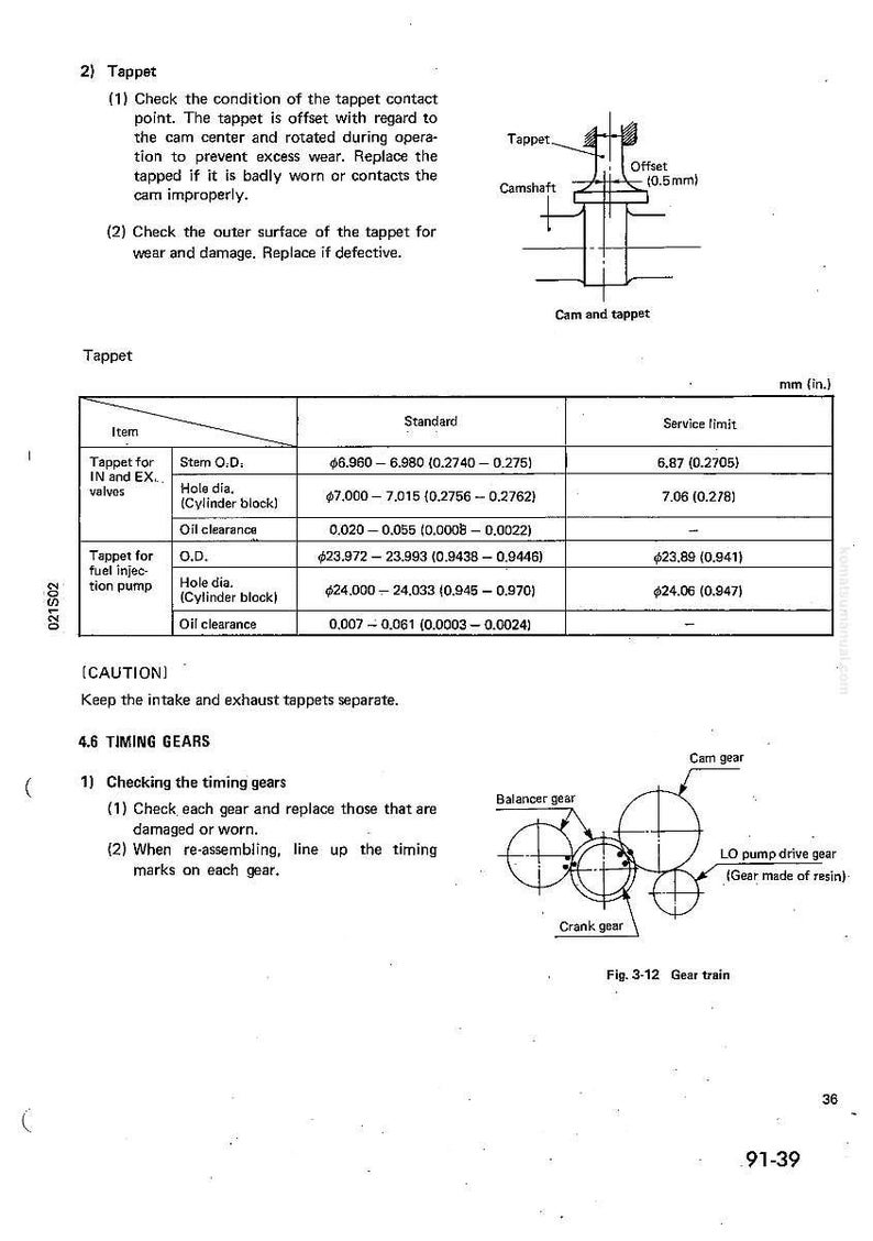 May include: Diagram of a cam and tappet assembly with measurements in inches. Includes a table with specifications for tappets, including stem diameter, hole diameter, and oil clearance. Also shows a gear train diagram.