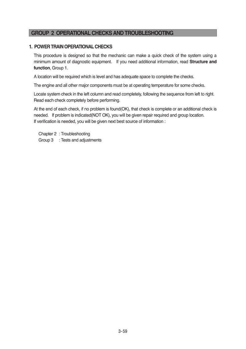 Może przedstawiać: Strona z instrukcji zatytułowana "GROUP 2 OPERATIONAL CHECKS AND TROUBLESHOOTING". Tekst opisuje operacyjne kontrole układu napędowego, procedury diagnostyczne i rozwiązywanie problem&oacute;w. Numer strony 3-59.