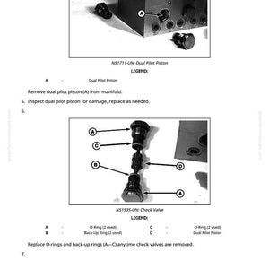 May include: Technical diagram showing mechanical components, including a dual pilot piston and check valve. The image features labels and instructions for maintenance and replacement of O-rings and back-up rings. Text includes "N51711-UN: Dual Pilot Piston" and "N51535-UN: Check Valve."