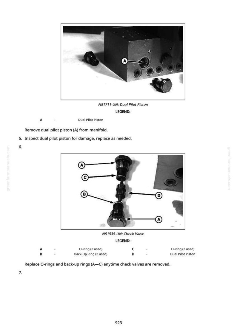 May include: Technical diagram showing mechanical components, including a dual pilot piston and check valve. The image features labels and instructions for maintenance and replacement of O-rings and back-up rings. Text includes "N51711-UN: Dual Pilot Piston" and "N51535-UN: Check Valve."