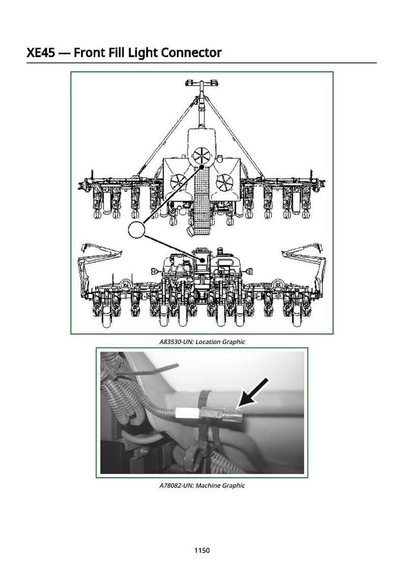 Puede incluir: Diagrama t&eacute;cnico de un componente de m&aacute;quina, titulado "XE45 - Front Fill Light Connector". Incluye una ilustraci&oacute;n detallada y una fotograf&iacute;a en escala de grises, con las etiquetas "A83530-UN: Location Graphic" y "A78082-UN: Machine Graphic".