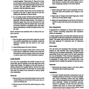 May include: A detailed technical manual page for a truck cab, featuring diagrams and instructions for disassembly, assembly, and door maintenance. Includes text and illustrations for window and door components, with sections on removal and installation procedures.