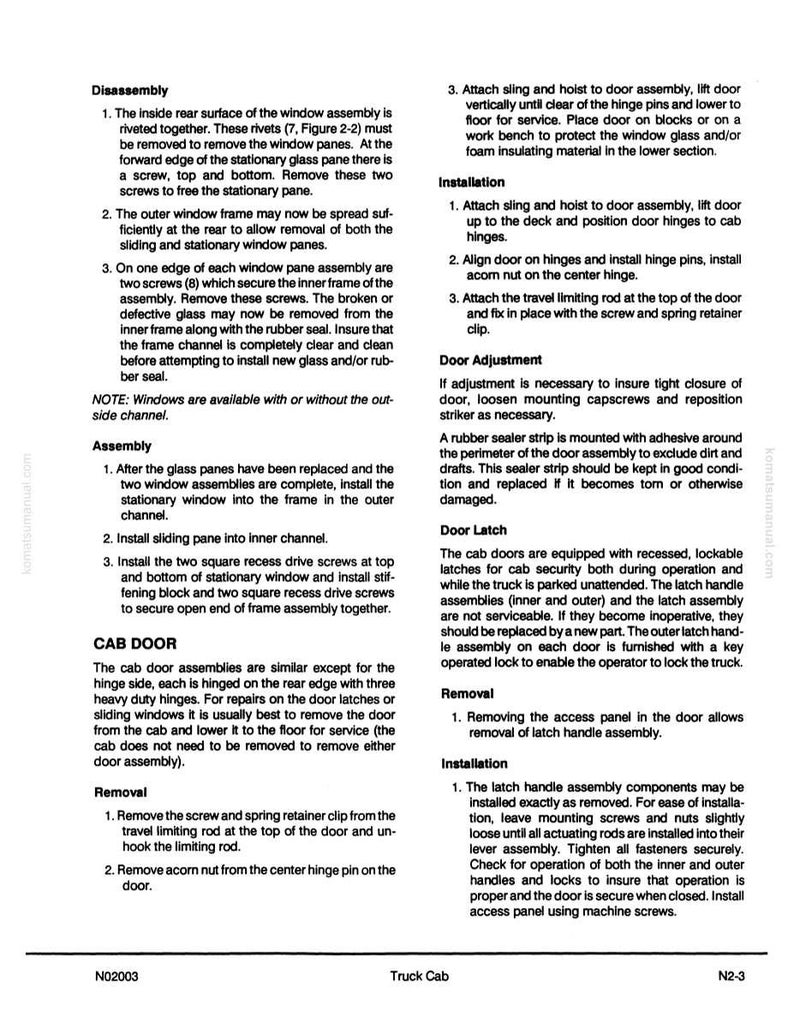 May include: A detailed technical manual page for a truck cab, featuring diagrams and instructions for disassembly, assembly, and door maintenance. Includes text and illustrations for window and door components, with sections on removal and installation procedures.