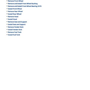 May include: A white page with the title "Summary of References" and a list of bullet points detailing automotive maintenance tasks, including tire pressure adjustment, wheel removal, and fuel tank work. The number 719 is at the bottom.