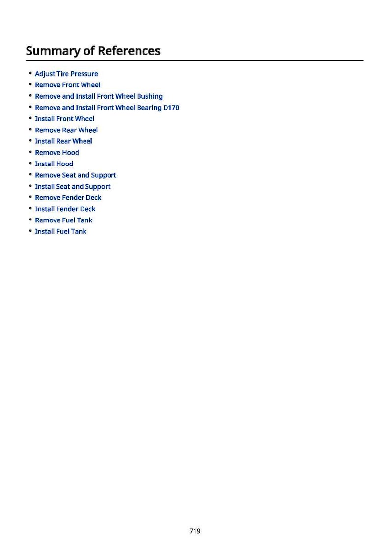 May include: A white page with the title "Summary of References" and a list of bullet points detailing automotive maintenance tasks, including tire pressure adjustment, wheel removal, and fuel tank work. The number 719 is at the bottom.