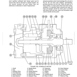 May include: Diagram of a hydraulic motor with labelled components such as shaft, key, and retainer ring. The image includes text detailing disassembly and cleaning instructions for the motor.
