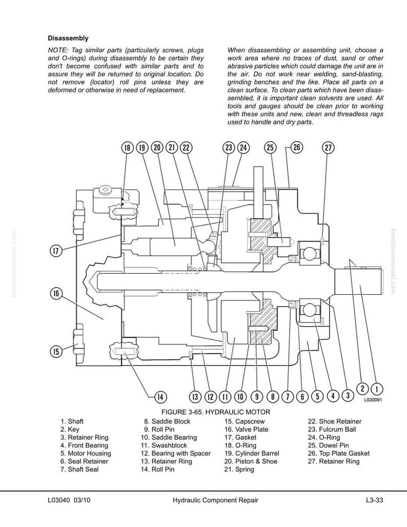 May include: Diagram of a hydraulic motor with labelled components such as shaft, key, and retainer ring. The image includes text detailing disassembly and cleaning instructions for the motor.