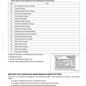 May include: A page from a manual titled "30 Testing and Adjusting" with a table listing maintenance items like "Air Cleaner Cleaning or Change" and "Engine Oil Filter Change." A small screen displays maintenance records.