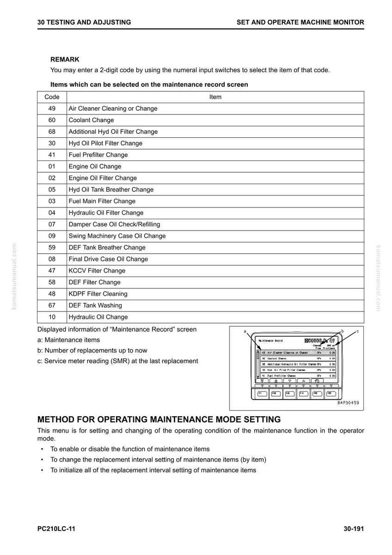May include: A page from a manual titled "30 Testing and Adjusting" with a table listing maintenance items like "Air Cleaner Cleaning or Change" and "Engine Oil Filter Change." A small screen displays maintenance records.