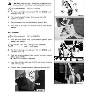 May include: Diagram of ripper disassembly and assembly instructions. Text includes warnings, steps for removal and installation, and measurements in both metric and imperial units. The ripper assembly weighs 3020.3 lbs.