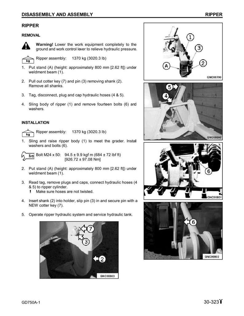 May include: Diagram of ripper disassembly and assembly instructions. Text includes warnings, steps for removal and installation, and measurements in both metric and imperial units. The ripper assembly weighs 3020.3 lbs.