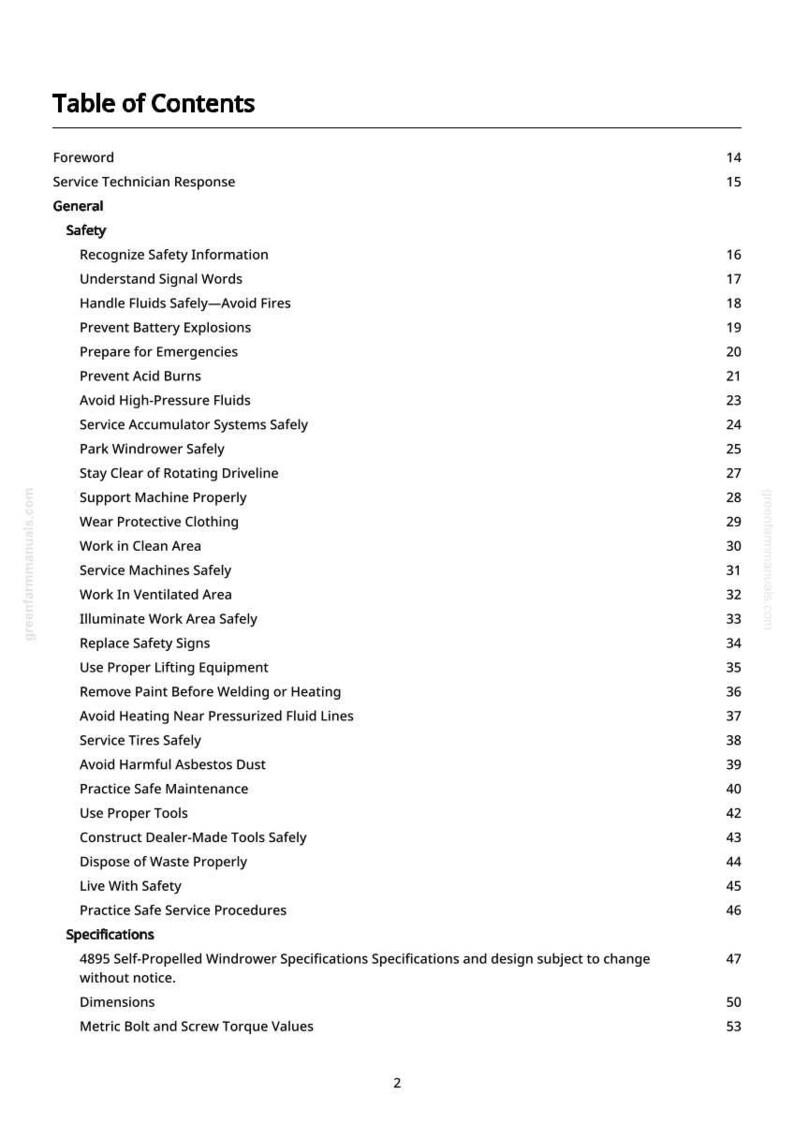 May include: A white page titled "Table of Contents" from a manual. The table lists safety topics such as "Recognize Safety Information" and "Prevent Battery Explosions". Page numbers are listed on the right.