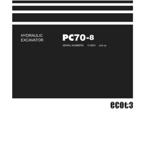 Pode incluir: Manual de oficina branco com texto preto. O t&iacute;tulo "Shop Manual" est&aacute; no topo. O manual &eacute; para uma escavadeira hidr&aacute;ulica PC70-8, com n&uacute;meros de s&eacute;rie C10001 e superiores. O logotipo da Komatsu est&aacute; na parte inferior.
