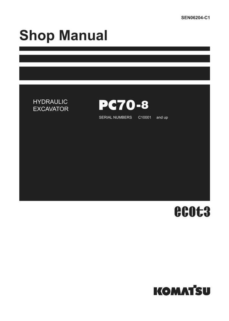 Pode incluir: Manual de oficina branco com texto preto. O t&iacute;tulo "Shop Manual" est&aacute; no topo. O manual &eacute; para uma escavadeira hidr&aacute;ulica PC70-8, com n&uacute;meros de s&eacute;rie C10001 e superiores. O logotipo da Komatsu est&aacute; na parte inferior.