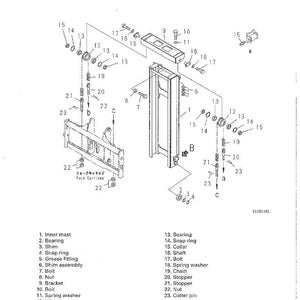 May include: Diagram of a forklift mast assembly, labeled with part numbers and names. Includes inner mast, bearings, bolts, nuts, and other components. Text at the top reads "DISASSEMBLY AND ASSEMBLY".