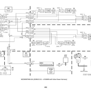 May include: Black and white electrical system diagram, featuring labeled components such as valves, harnesses, and a multi-function lever. The diagram includes text labels and connecting lines.