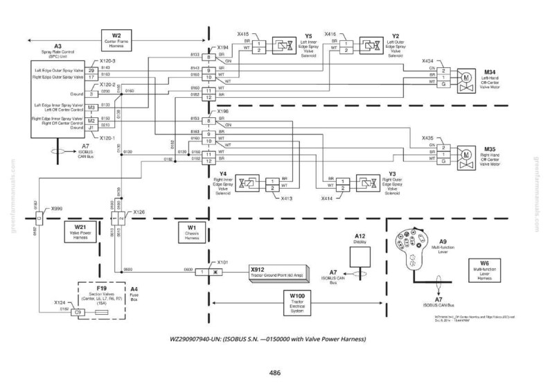 May include: Black and white electrical system diagram, featuring labeled components such as valves, harnesses, and a multi-function lever. The diagram includes text labels and connecting lines.