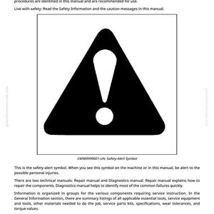 May include: A page from a technical manual with the word "Foreword" at the top. The page includes a black safety alert symbol, a triangle with an exclamation point inside. Text explains the symbol and manual's purpose.