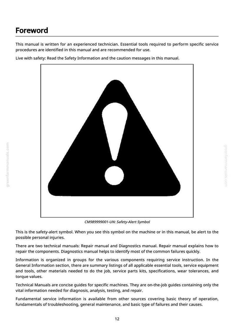May include: A page from a technical manual with the word "Foreword" at the top. The page includes a black safety alert symbol, a triangle with an exclamation point inside. Text explains the symbol and manual's purpose.
