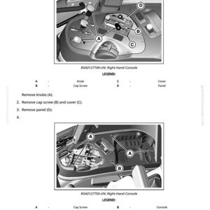 May include: Diagram illustrating the removal and installation of a right-side control console. The image shows detailed steps with labels for knobs, cap screws, covers, and panels. Text instructions and a legend are included.