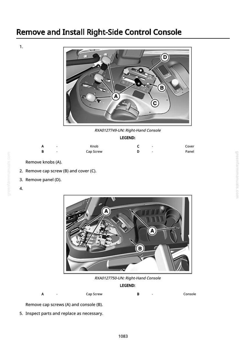 May include: Diagram illustrating the removal and installation of a right-side control console. The image shows detailed steps with labels for knobs, cap screws, covers, and panels. Text instructions and a legend are included.