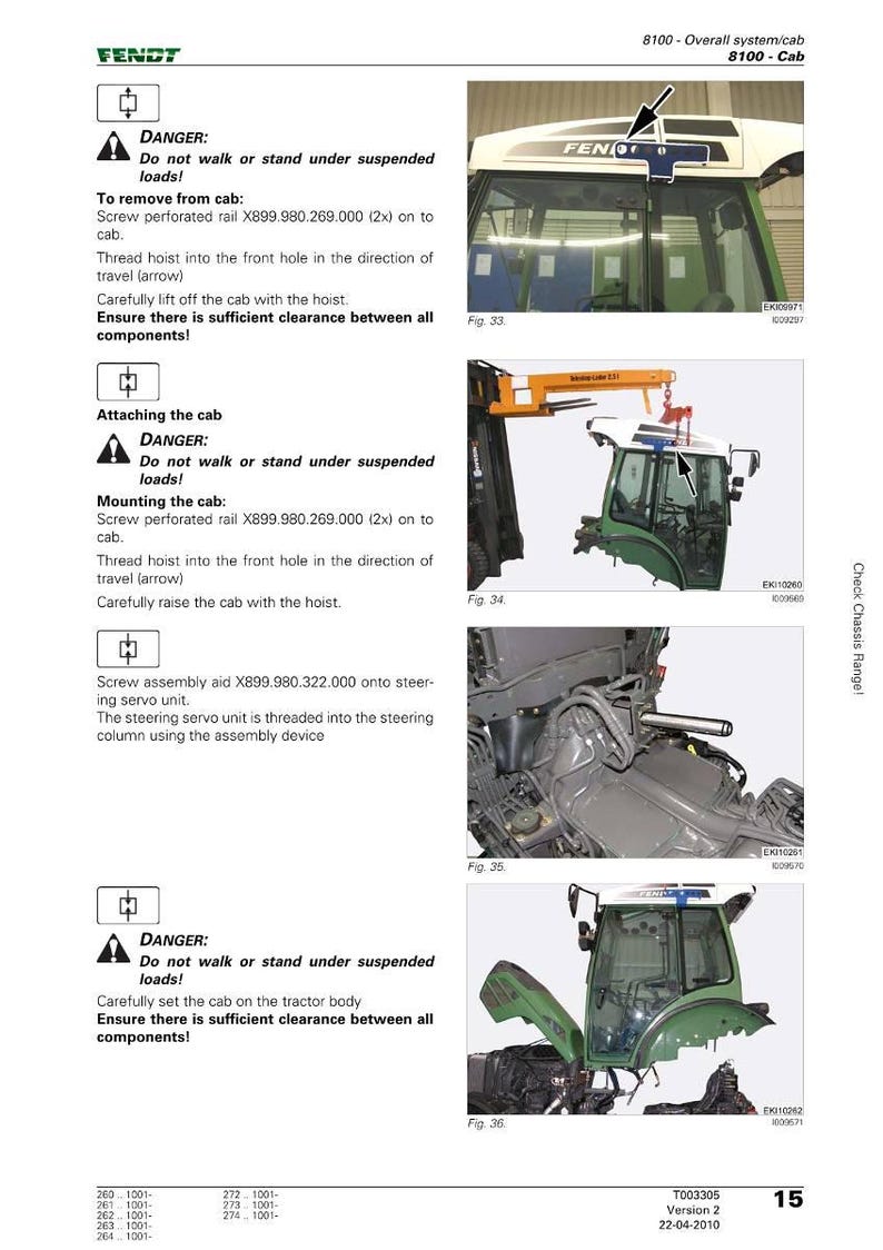 May include: Diagram illustrating the installation of a Fendt tractor cab. The image provides instructions for removing, attaching, and mounting the cab, with safety warnings and part numbers. The cab is green and white.