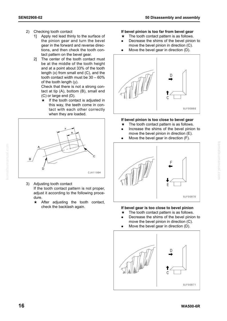 May include: Diagrams and instructions for disassembling and assembling a mechanical component. The page includes illustrations of gears, arrows, and text detailing adjustments and contact patterns. The document is labeled WA500-6R.
