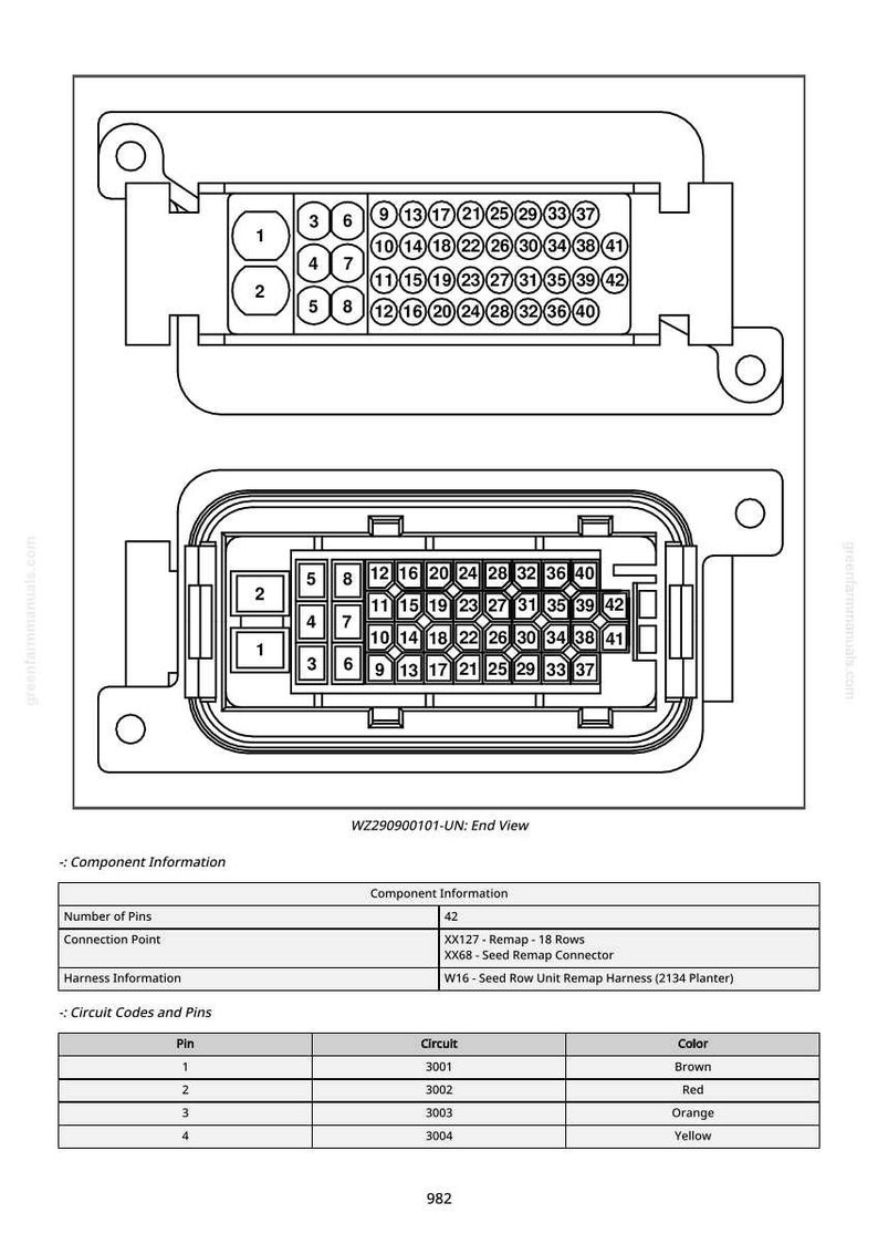 May include: Diagram of an electrical connector with numbered pin locations and component information. Includes a table with circuit codes and pin colors. The text "WZ290900101-UN: End View" is visible.