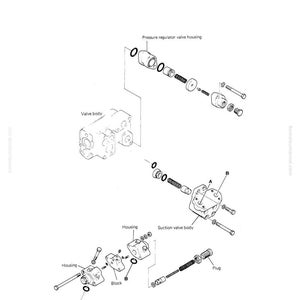 May include: An exploded diagram of a hydraulic tank and control valve assembly. The diagram shows various components, including the valve body, pressure regulator valve housing, suction valve body, and other parts labeled with callouts.