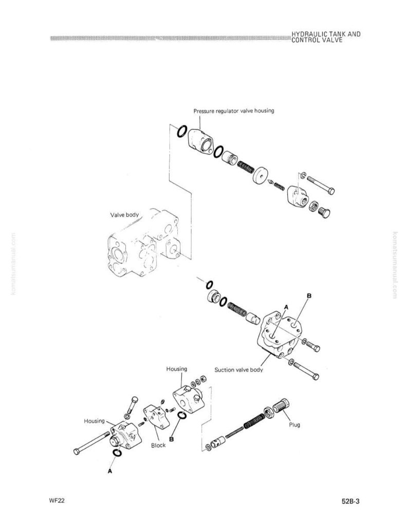 May include: An exploded diagram of a hydraulic tank and control valve assembly. The diagram shows various components, including the valve body, pressure regulator valve housing, suction valve body, and other parts labeled with callouts.