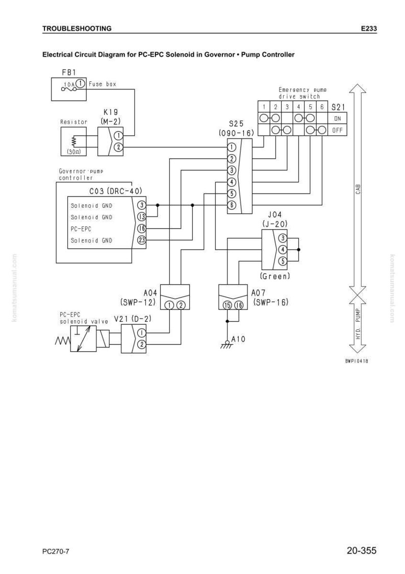 Pode incluir: Diagrama de circuito el&eacute;trico para um solen&oacute;ide PC-EPC em um controlador de bomba do governador. O diagrama inclui uma caixa de fus&iacute;veis, um resistor e v&aacute;rios conectores rotulados com n&uacute;meros e letras. Ele tamb&eacute;m inclui um interruptor de acionamento da bomba de emerg&ecirc;ncia.