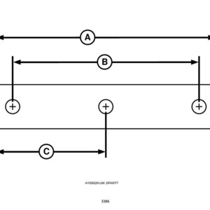 May include: A black and white technical drawing of a rectangular object with three circular markings. Arrows and labels A, B, and C indicate dimensions. The drawing includes the text "H105020-UN: DFHXT7" and the number "3386".