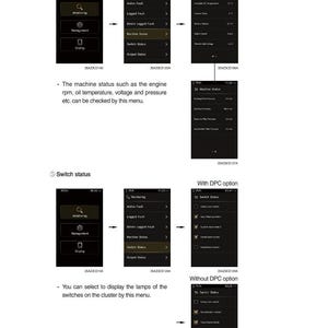May include: Screenshots of a machine's status and switch status menus, displaying engine RPM, oil temperature, and voltage. The menus show options for monitoring, faults, and output status. The image also shows options with and without DPC.