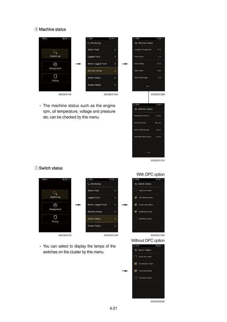 May include: Screenshots of a machine's status and switch status menus, displaying engine RPM, oil temperature, and voltage. The menus show options for monitoring, faults, and output status. The image also shows options with and without DPC.