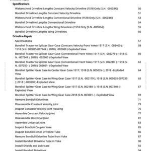 May include: A page from a manual detailing driveline repair specifications. The text lists various components like "Bondioli Driveline Lengths" and "Walterscheid Driveline Lengths," along with part numbers and exploded views.