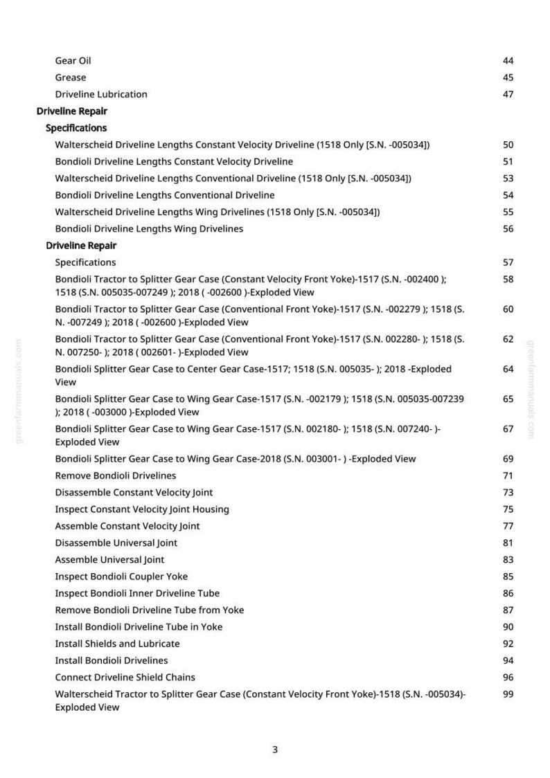 May include: A page from a manual detailing driveline repair specifications. The text lists various components like "Bondioli Driveline Lengths" and "Walterscheid Driveline Lengths," along with part numbers and exploded views.