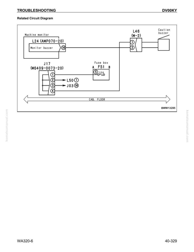 May include: A schematic diagram with the title "Troubleshooting" and "Related Circuit Diagram." The diagram includes labeled components such as a machine monitor, fuse box, and caution buzzer, with connecting lines and text.