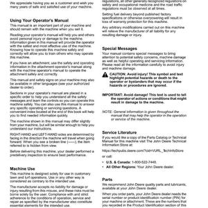May include: A page from a John Deere operator's manual, featuring sections on safety, machine use, and service literature. The manual includes warnings and instructions for safe operation and maintenance of the machine.